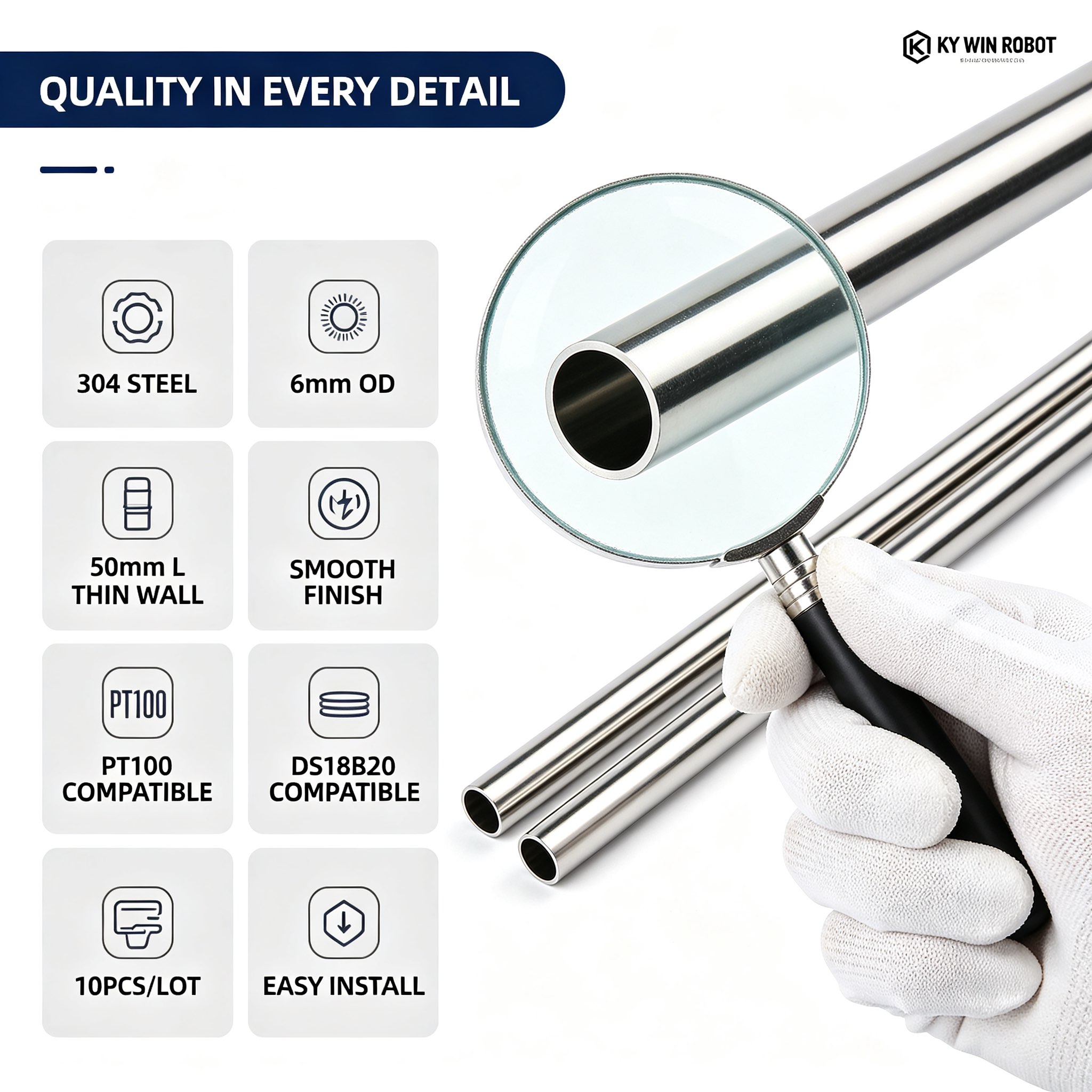 10Pcs 6*50mm Stainless Steel B - огляд і ціна Ds18B20